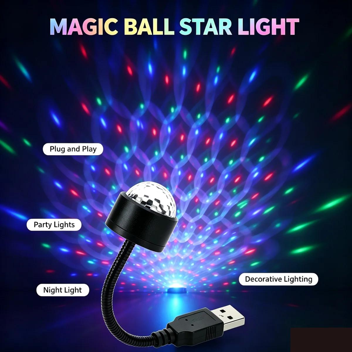 1pc USB Colorful Stage Light 360° All-round Rotation LED Projector Light DJ Car Voice Controlled Atmosphere Lights for Party