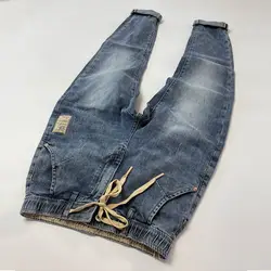 Hot New Summer Korean Fashion Men's Denim Jeans with Elastic Waist and Harem Pants Design Drawtring Vintage Baggy Pants Man