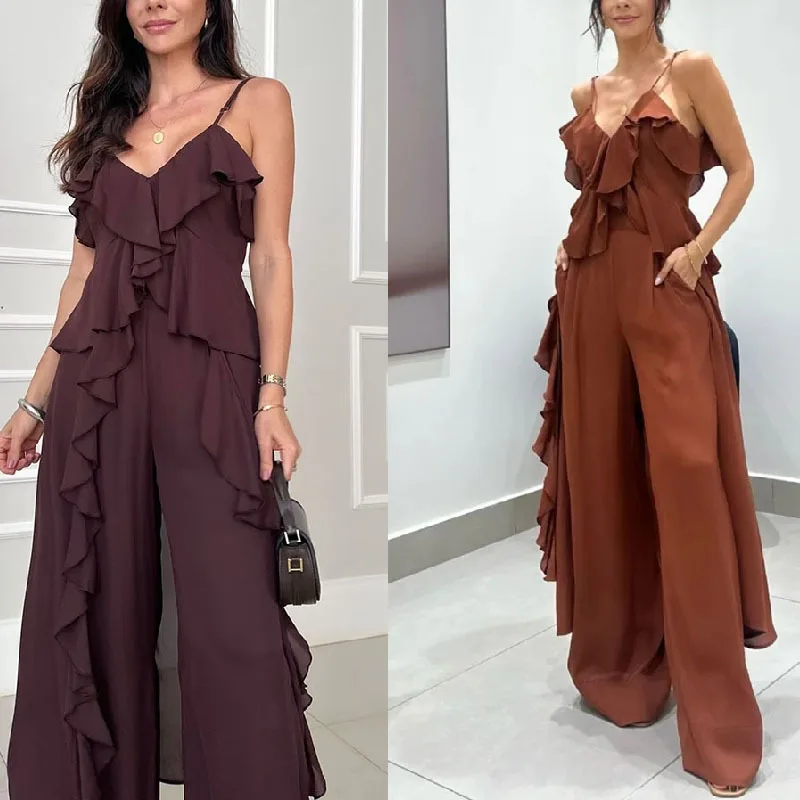 

Summer Women's Pure Color Chiffon V-ne Strap Hem Straight Leg Pants Two-piece Set Long Pants Faionable Ele Sle