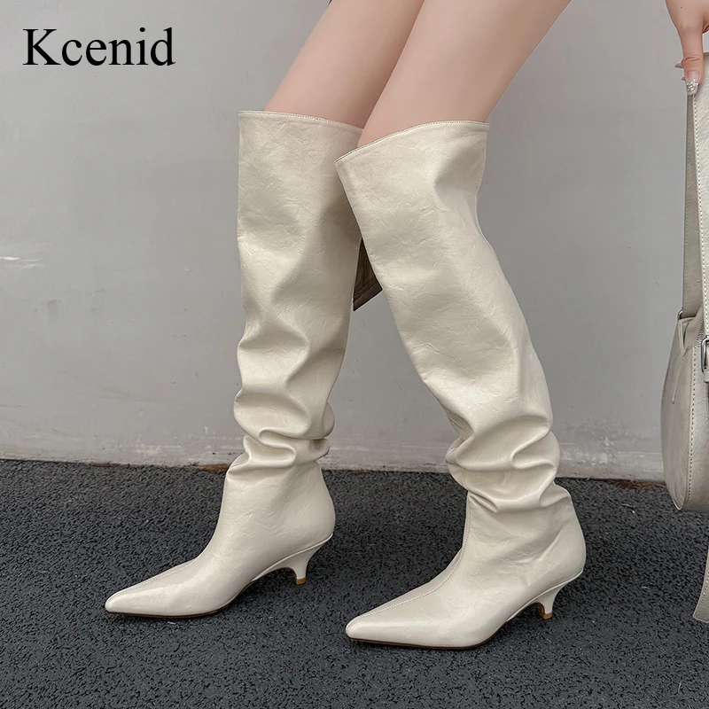 

Kcenid New Women Pointed Toe Black Beige Over The Knee High Boot Fashion Pleated Stiletto Woman Autumn Winter Fashion Boots