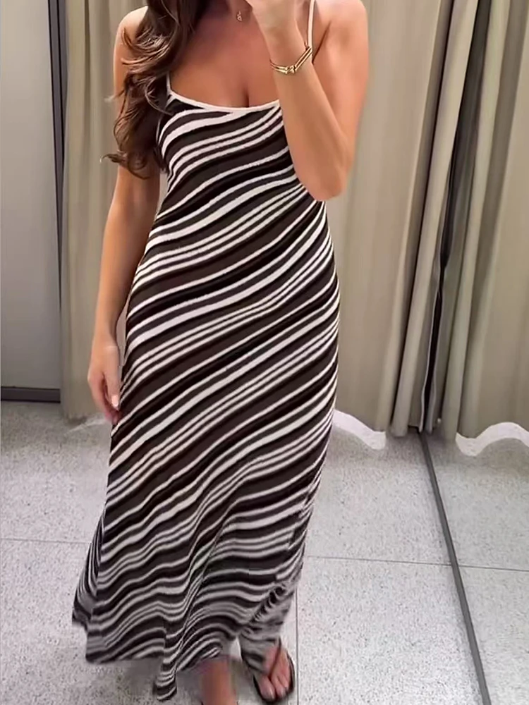 Damen Gestreiftes Maxikleid Sexy Bodycon Strick-Trägerkleid Modischer Stil Lässiges Langes Kleid Schickes Strand-Urlaubskleid Figurformendes Kleid