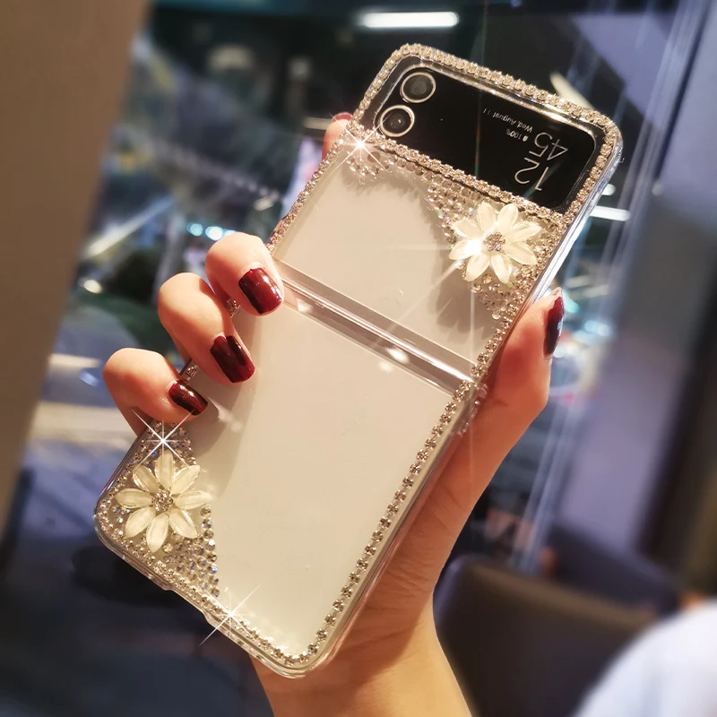 For Samsung Galaxy Z Flip3 Foldable Screen Phone Case Diagonal Daisy Lace with Diamond Crystal Diamond Phone Protective Case