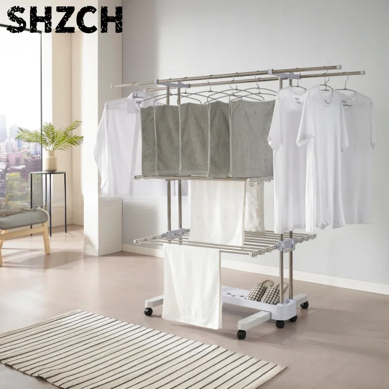 4-section multifunctional stainless steel mobile folding clothes rack double-rod wing storage drying rack