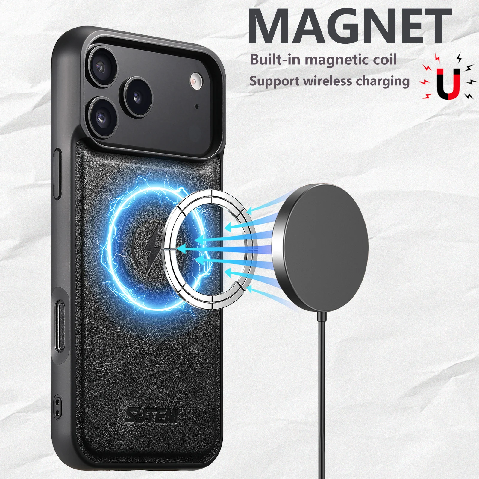 SUTENI Mattierte Kunstleder-Handyhülle mit Magnet und kabelloser Ladefunktion für iPhone 18 Pro Max 17 Air 16 Plus 15 14 13 12 – Detail 2