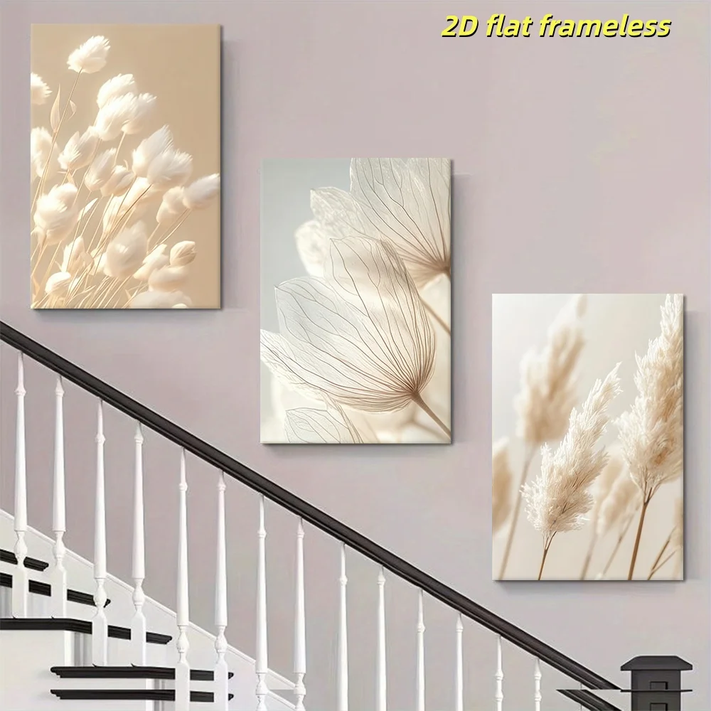3-piece set of warm and simple white fluffy floral canvas painting Nordic style home living room bedroom wall decoration framele
