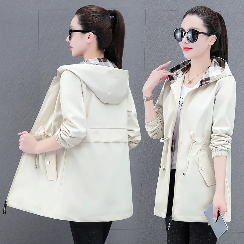 

Spring 2023 Women's Loose Fitting Hooded Mid-Length Jaet Coat Busin Casual Slimming Waist Design Zipper Cardigan