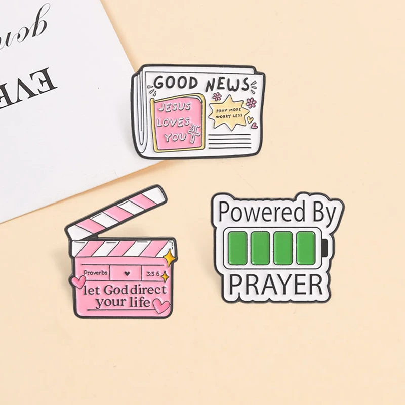 Christian Faith Enamel Pins Powered By Prayer Battery Bible Verse Religious Jesus Good News Brooches Lapel Badge Jewelry Gifts