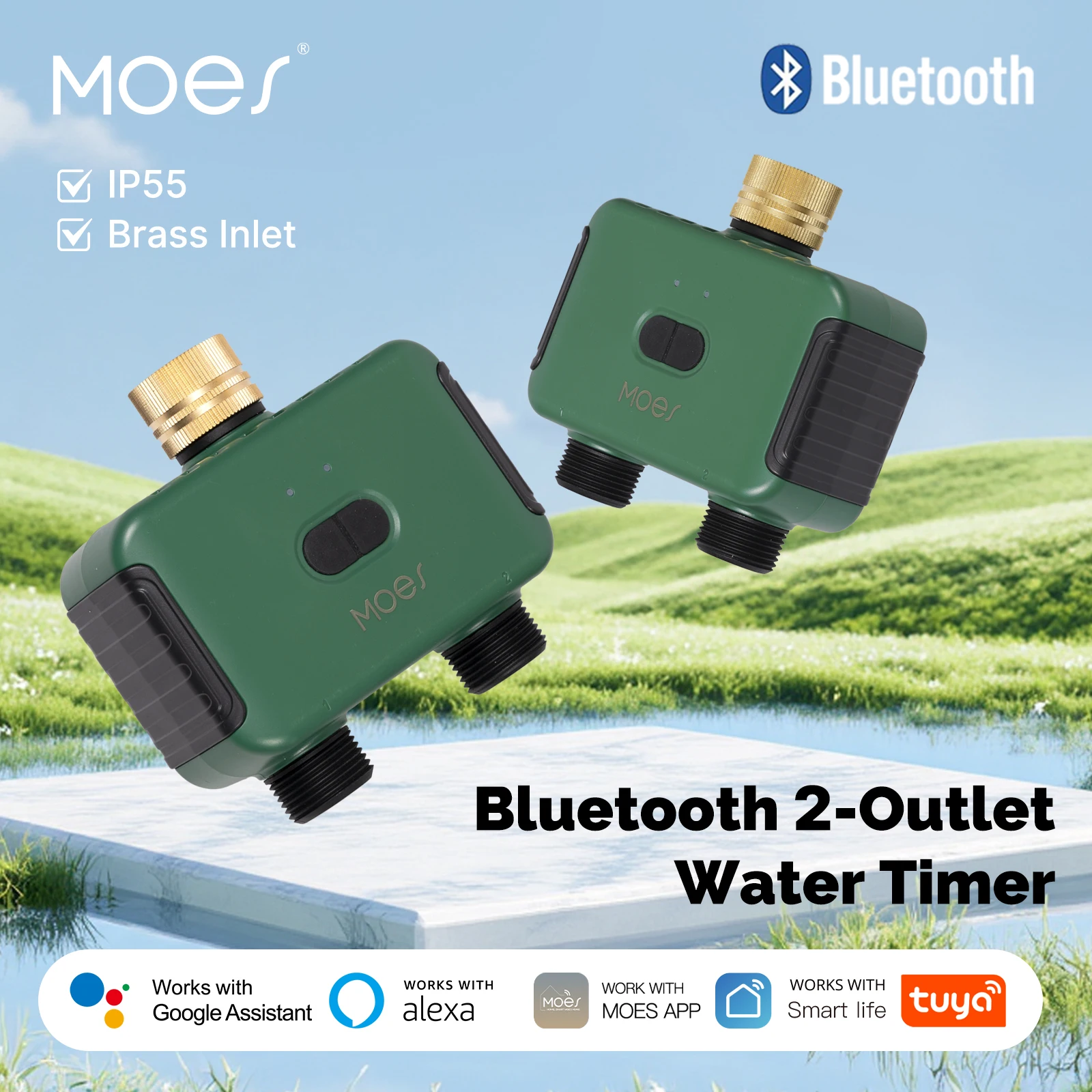 

MOES Tuya Bluetooth 2-Outlet Valve Sprinkler Smart Water Timer Rain Delay Filter Washer App Control Auto Programmable Controller