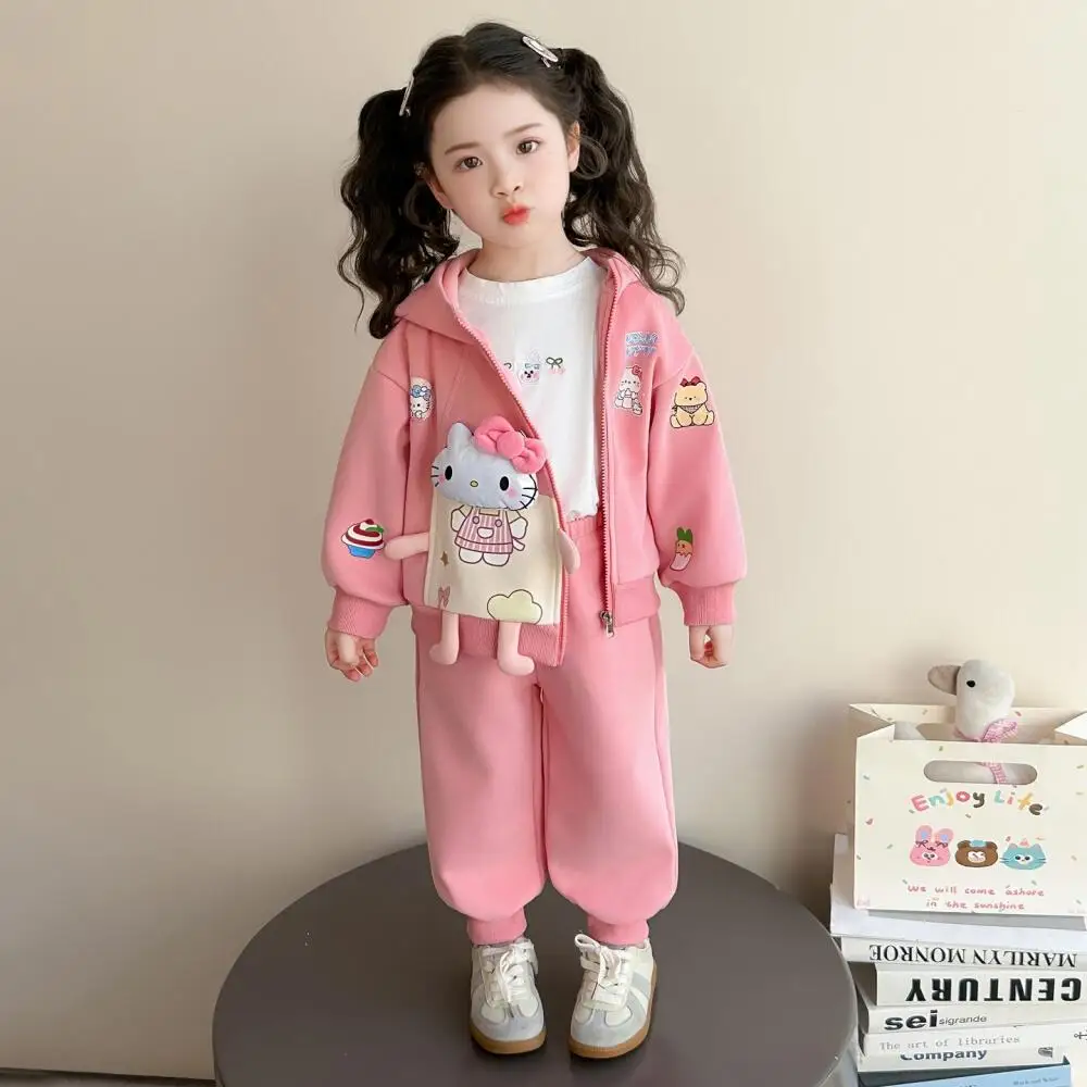 

Спортивный костюм Sanrio Hello Kitty для девочек, весенне-осенний, модная куртка и спортивные брюки, новинка 2026 года, повседневный комплект из 2 предметов с мультяшным принтом