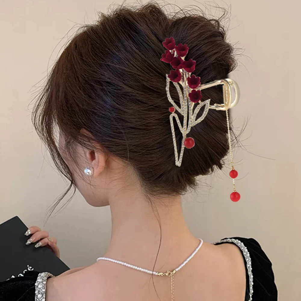 Red Flower Festival Hair Claw Hairpin Crab Tassel Rhinestone Wedding Hair Clip Women Ponytail Hairpin Headwear Hair Accessories