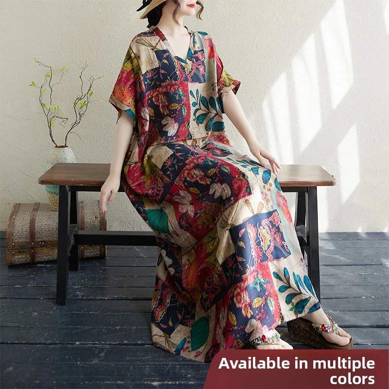 

Летняя свободная хлопково-льняная пляжная юбка с v-образным вырезом Vaion Sle, легкий длинный халат, домашняя уличная одежда, большой размер, повседневная одежда для поездок на работу