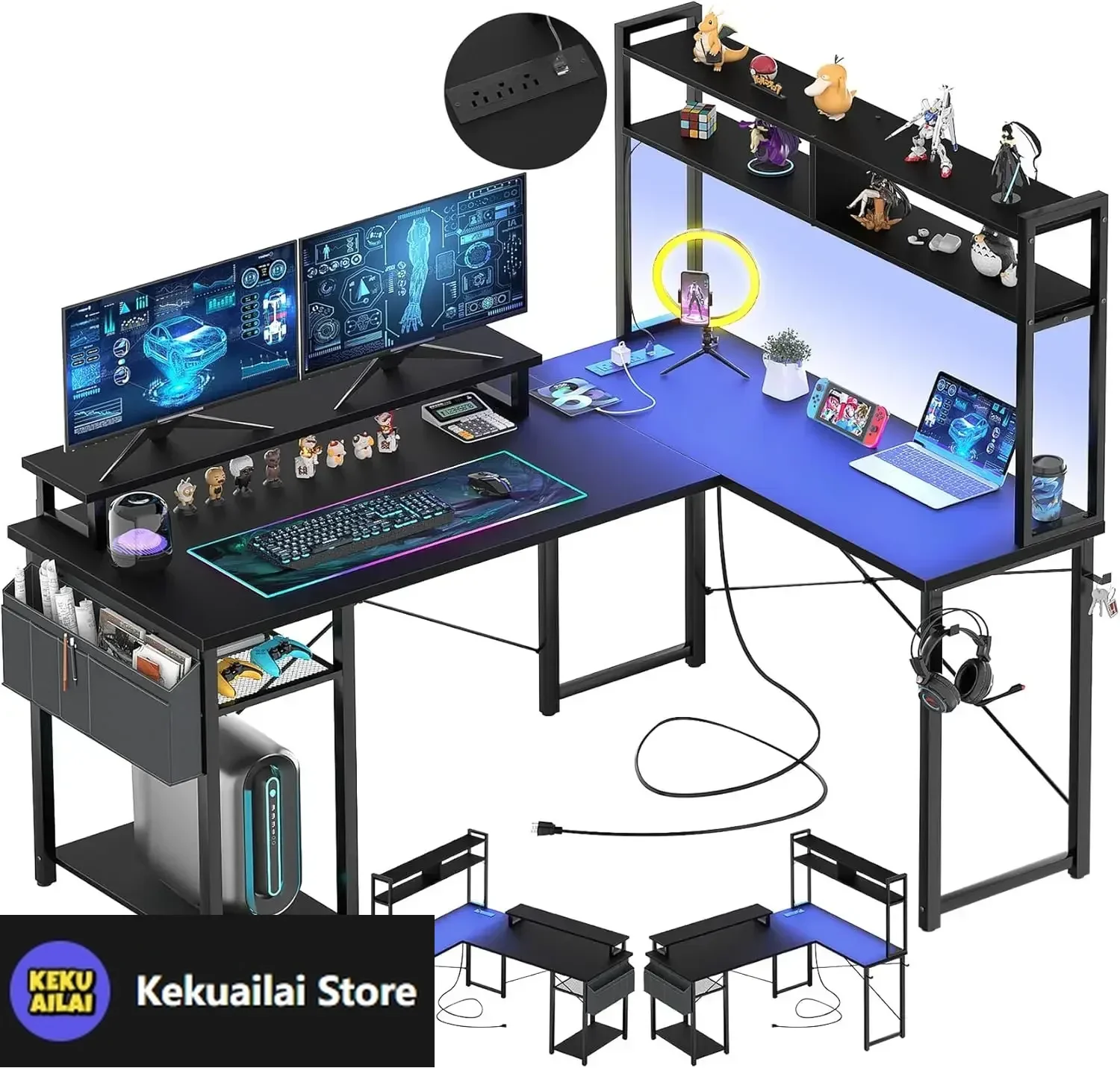 Small L Shaped Gaming Desk with LED Lights & Power Outlets, Reversible L-Shaped Computer Desk with Monitor Stand & Storage