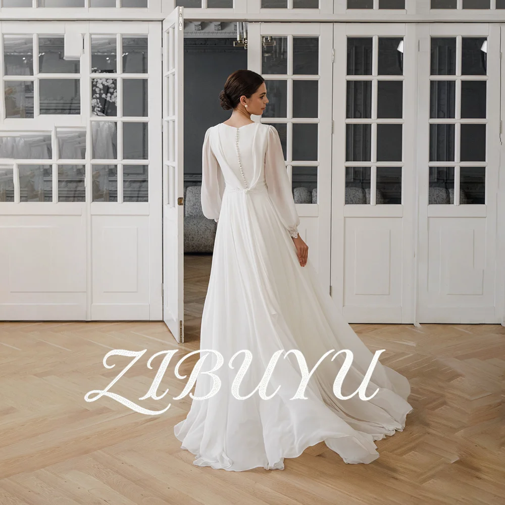 

ZIBUYU Customized Romantic Wedding Dress Square Neck Long Chiffon Sleeves Floor Length Lace Appliques Bodice Chiffon Bridal Gown
