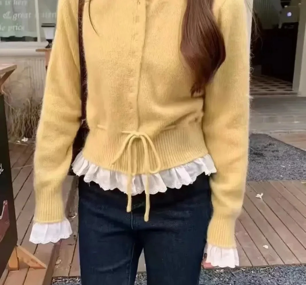 Herbst Winter Neue Kordelzug Taille Nach Inward Kleidung Koreanischen Stil Langarm Spitze Splice Gestrickte Pullover Mantel frauen