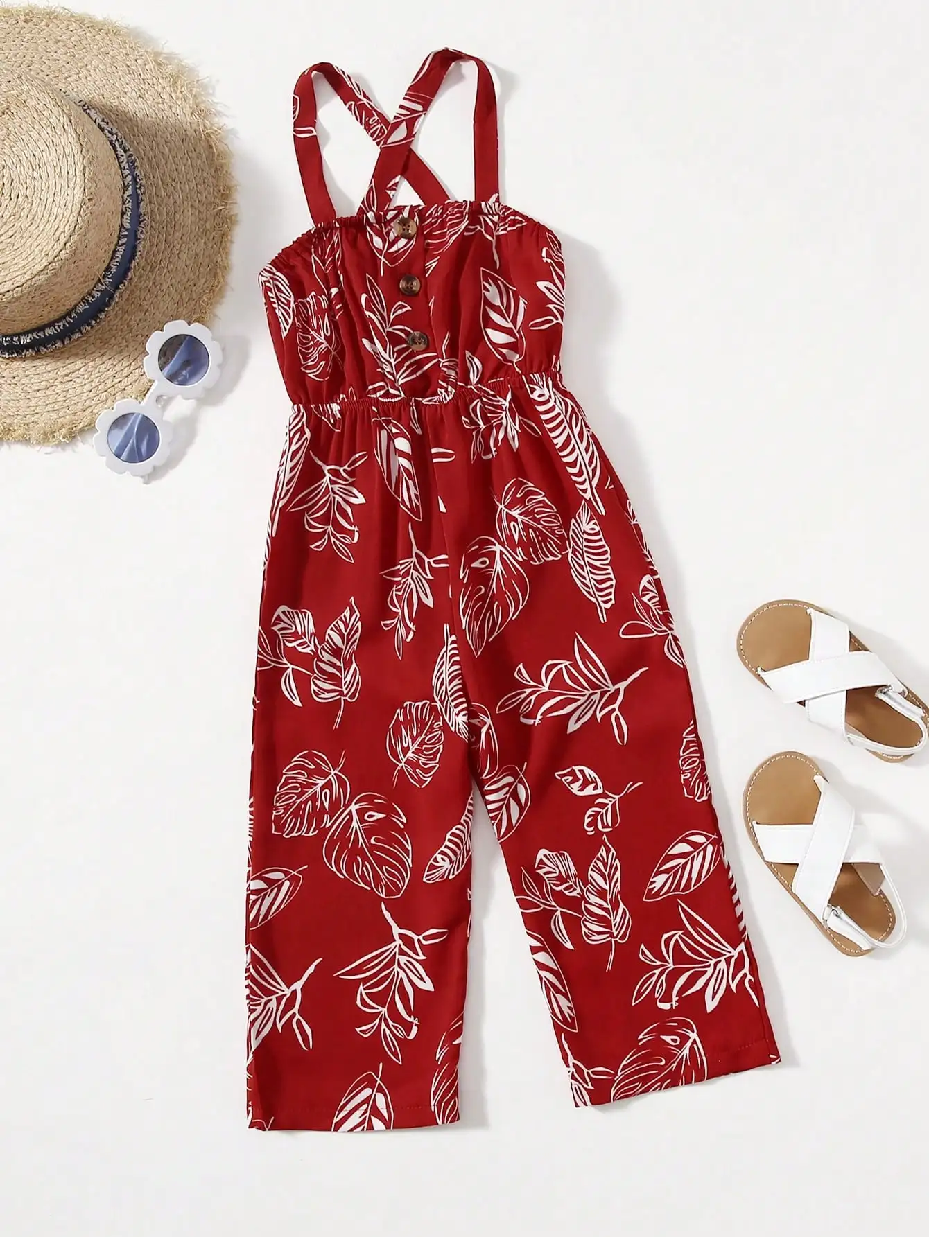 (6097) New Summer Style Girls' Tropical Maple Leaf Print Camouflage Jumpsuit with Buttons on the Front Placket