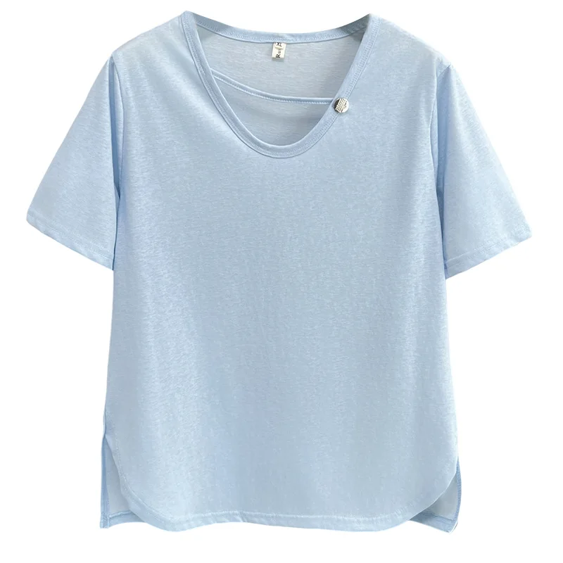 

Новый летний топ больших размеров, женская одежда, дизайн с v-образным вырезом, однотонные футболки с короткими рукавами, повседневная хлопковая футболка 100 кг