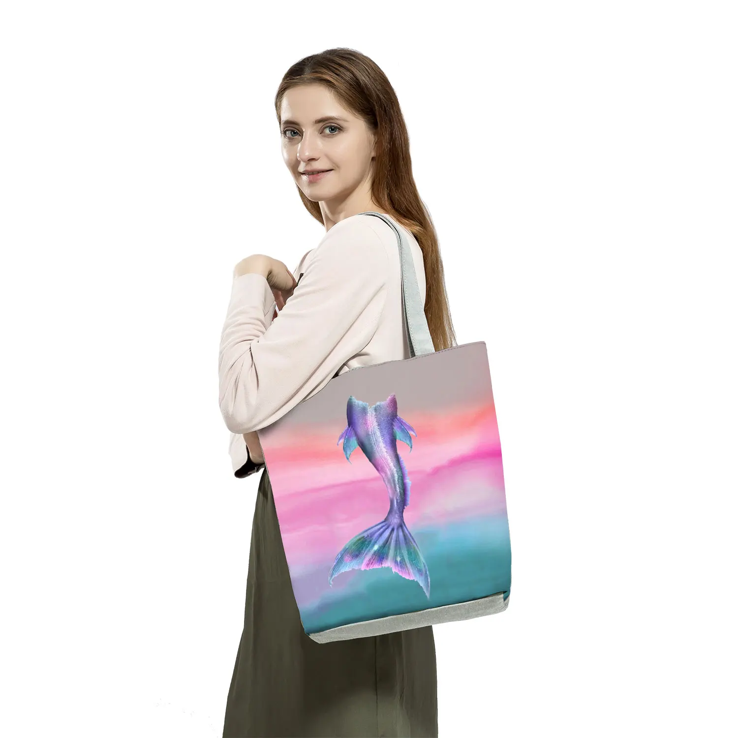 Fashion Mermaid Print Handbags High Capacity Women Tote Bags Colour Shopping Bag Portable Travel Beach Bags For Party Gift Bags