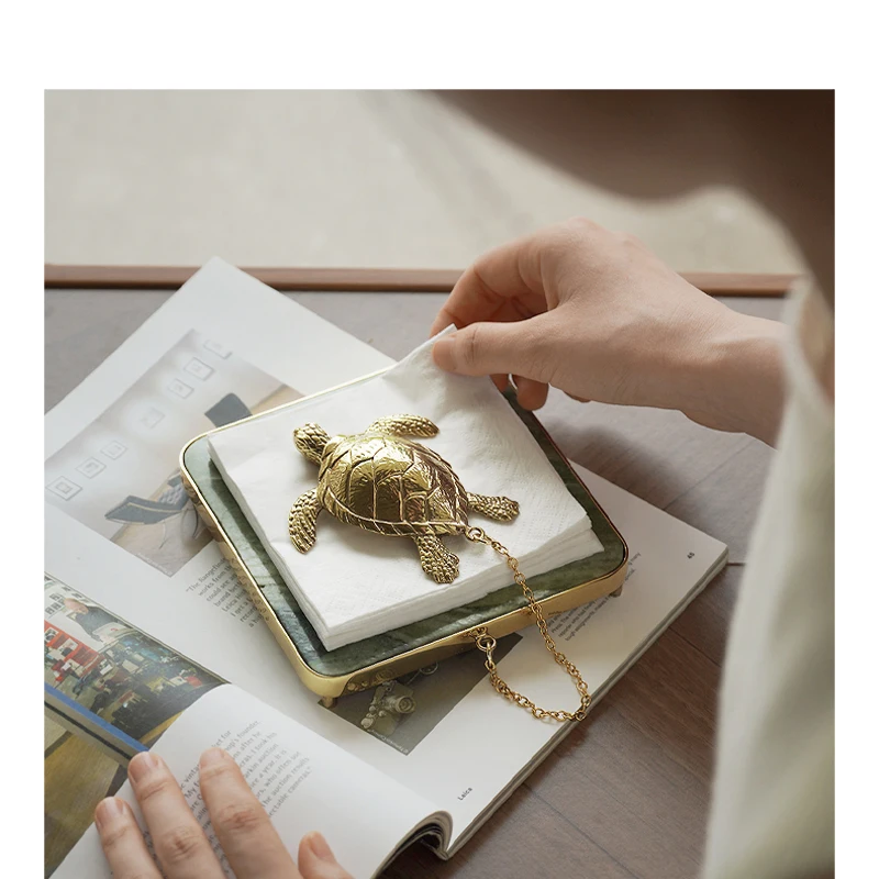 Gold Brass Craftsmanship Turtle Green Marble Retro Tissue Holder Living Room Desktop Decor Ornament Housewarming New House Gift