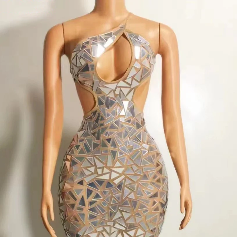 Sexy recorte espelhos vestido sem costas festa vestido de noite feminino aniversário celebrar vestidos jazz traje palco outfits xs5525