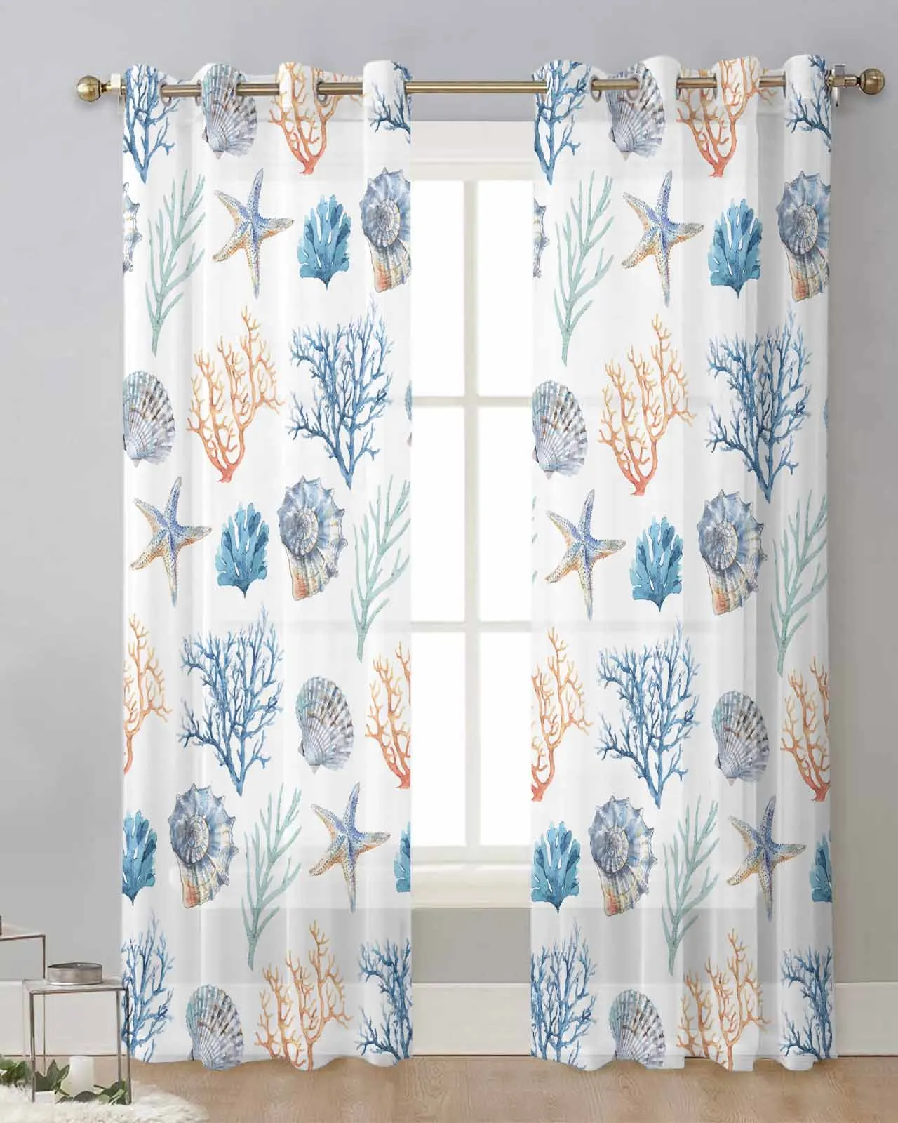 

Marine Coral In Summer Starfish Sheer Curtains for Living Room Printed Tulle Window Curtain Luxury Home Balcony Decor Drapes