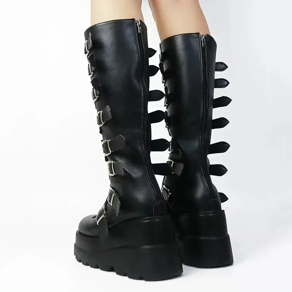 Długie buty damskie Gothic Shoes Platform Knee High Boots Punk Black Sexy Motorcycles Boots 2024 New Halloween Cosplay Women Boots