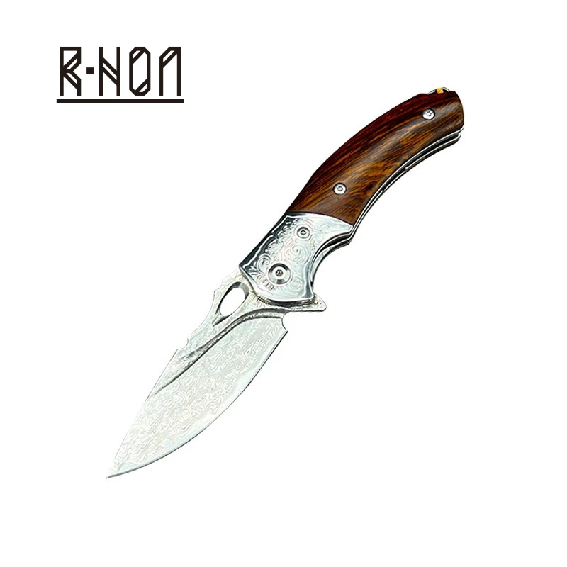 

RHON Outdoor BBQ Slicing Meat Folding Knife VG10 Damascus Steel 2.75inch Camping Beef Boning Pocket Carry Knives Wooden Handle
