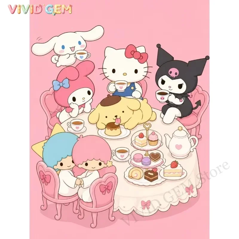 VIVID GEM Sanrio DIY Diamond Painting Hello Kitty Sanrio Kit Sanrio Afternoon Tea Party Art Full Drill Rhinestone Mosaic Wall