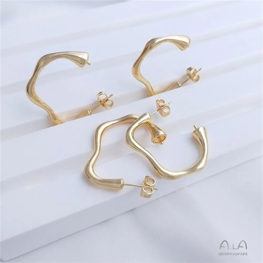 

925 Silver Pin Stud Earrings 14K Gold Color French Abstract Curve Earrings Handmade DIY Half Hole Pearl Holder E098