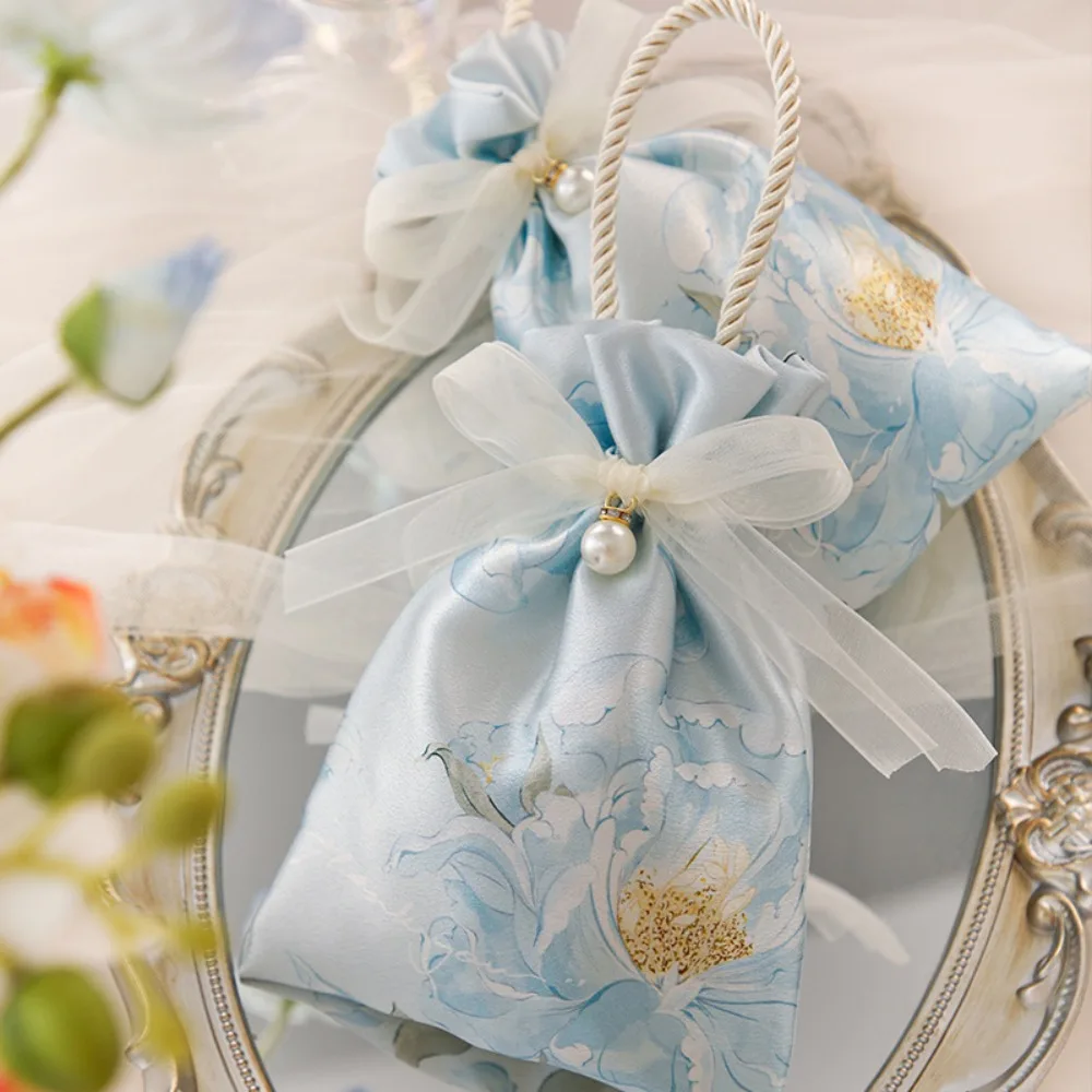 Elegant Pearl Bowknot Decoration Candy Drawstring Bag Floral Print Cloth Wedding Gift Bags Solid Color Top Hand Bag