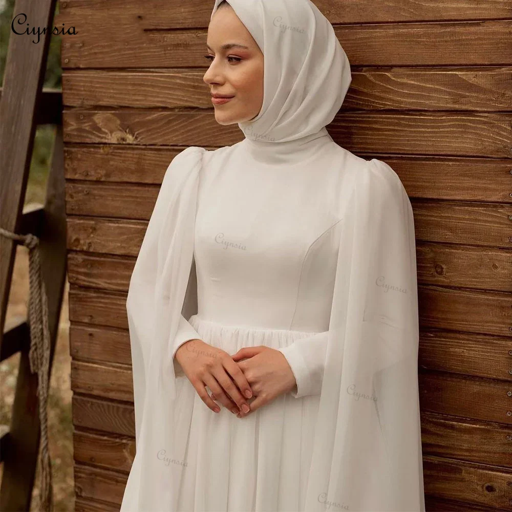 Ciynsia Abiti da sposa hijab musulmano in chiffon avorio con mantello A-Line Dubai Abiti da sposa per le donne 2024 Sposa Robe De Mariée