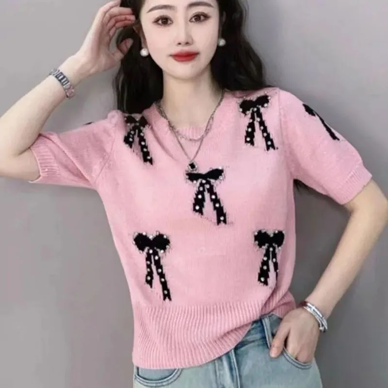 

Spring And summer New Bow Knitwear Knitted Short Sleeve Advanced Bubble Sleeves Loose And Versatile Simple Round Neck Slim Top