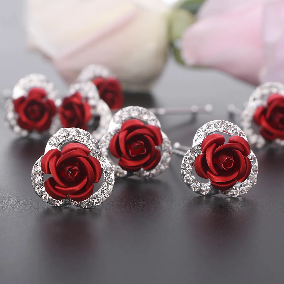 

5Pairs Rose Flower Hairpin Set Red Alloy Crystal Pearl U-Shaped Clips Wedding Bridal Hair Accessory Prom Party Elegant Headpiece