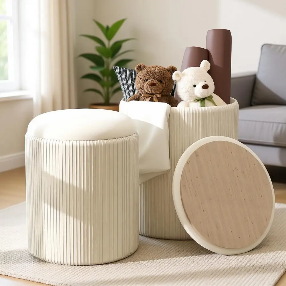 

Beige Velvet Storage Ottoman Set of 2, Upholstered for Vanity, Makeup, Footrest, Living or Bedroom Use