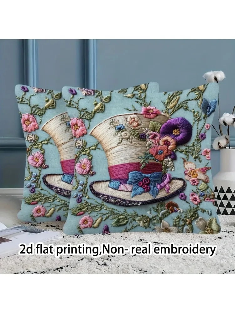 1pc Whimsical Wonderland Floral Hat Decorative Cushion Cover, 2D Print Polyester Pillow Case for Sofa Bed Car Office Home Decora