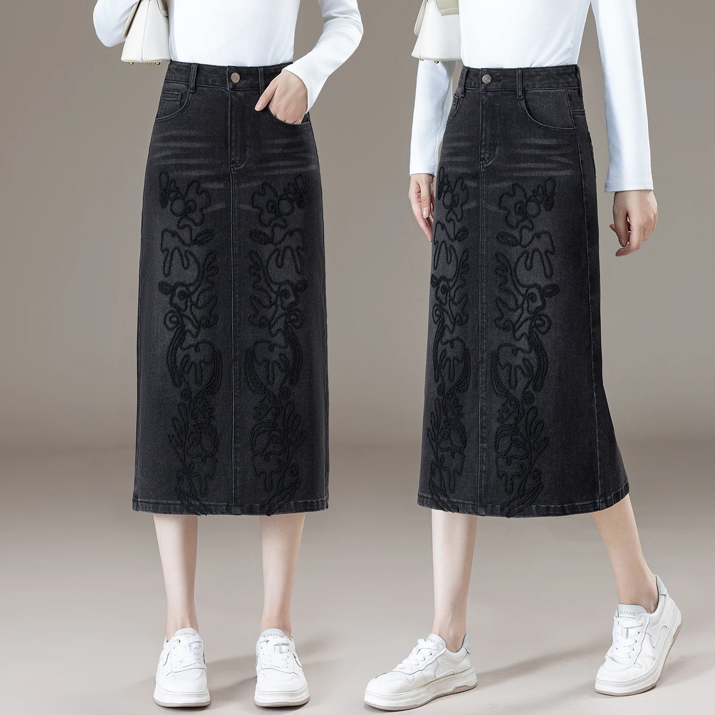 Jupe en jean brodée rétro, taille haute, mi-longue, coupe droite, pour femmes, nouvelle collection printemps automne, mélange de coton décontracté