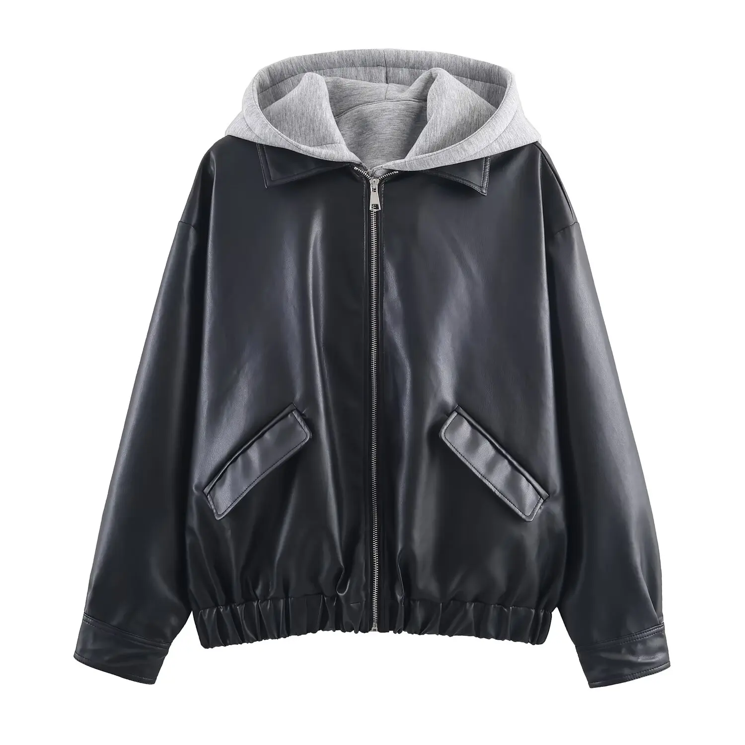 

2025 New Women's Clothing: European and American Style Fashionable Patchwork Leather Effect Hooded Jacket