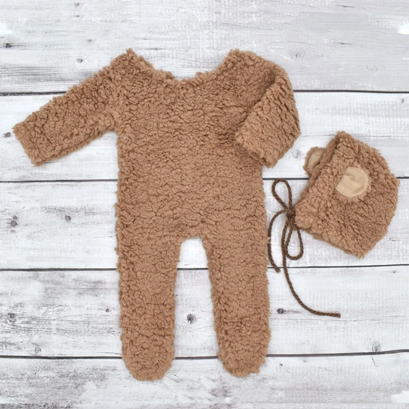 Newborn Photo Props Berber Fleece Costume Bear Ear Hat Baby Footed Romper Photo-Shooting Clothes Photostudio Props 2PCS