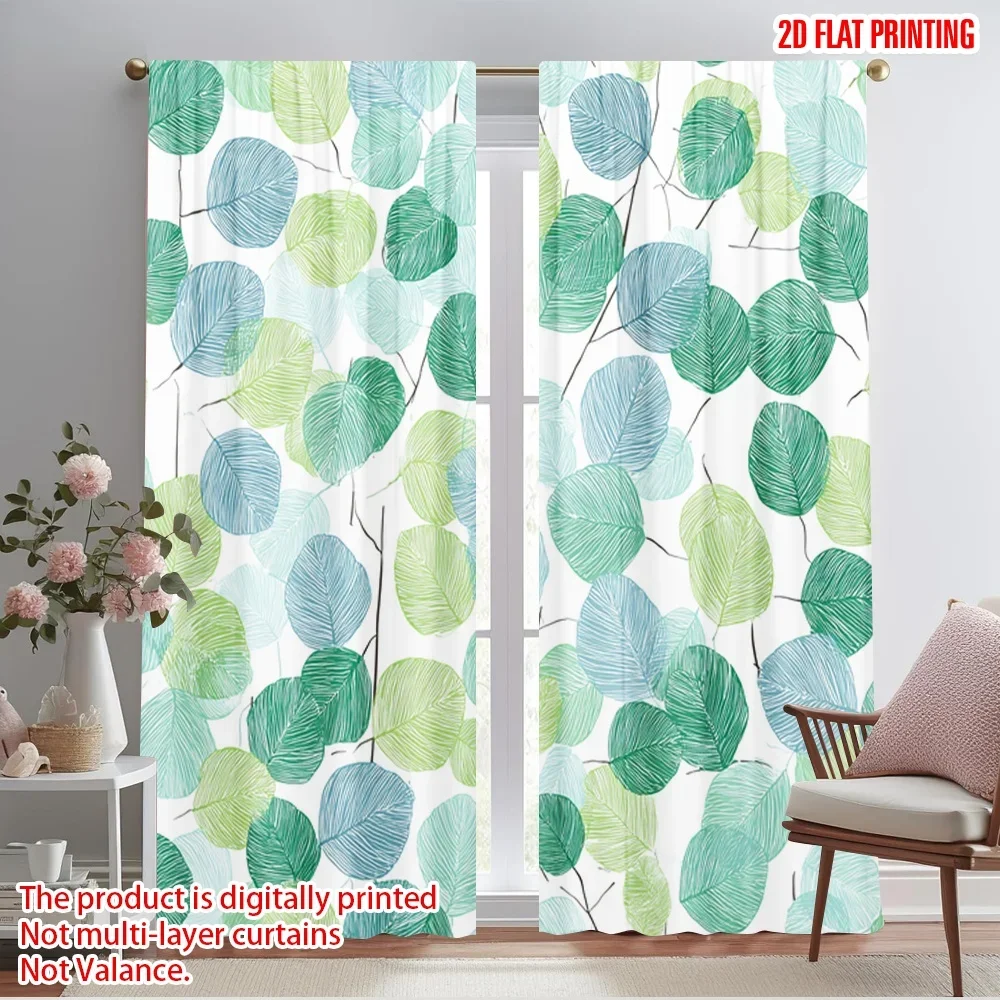 2pcs,2D plane printing Curtains Roller Blinds Green Leafy Vines Polyester Easy Install (without rod) Versatile All for Study,
