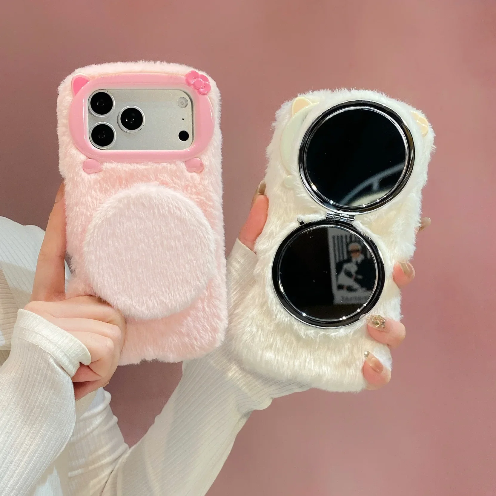 Makeup Mirror Plush Case with Chain For iPhone 17 16 15 14 13 12 11Pro Max 16 15 14 Plus Solid Color Soft Protective Cover