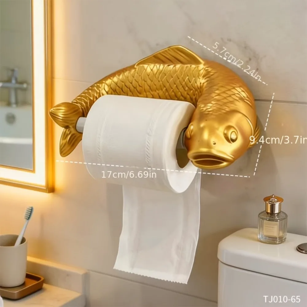 Golden Carp Toilet Paper Roll Holder Wall-Mounted Waterproof Plastic Bathroom Tissue Dispenser Punch-Free Vintage view 6
