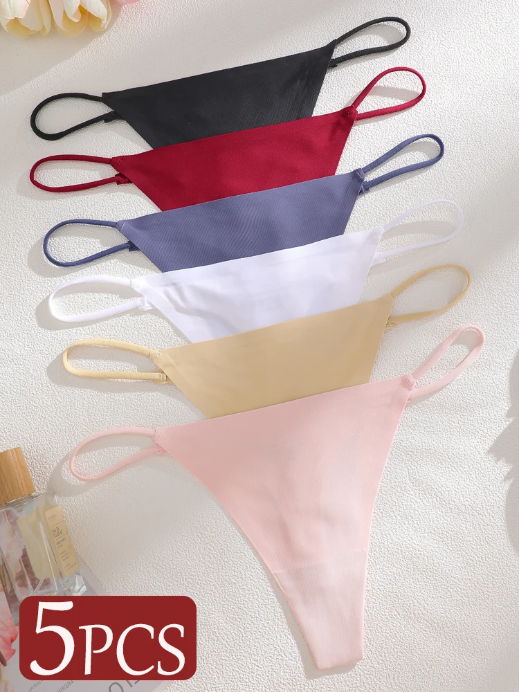 5-teiliges Set Nahtlose Eisseide G-String Slips Damen Sexy Tiefsitzende Einfarbige Sommer-Lingerie Ultra-dünne Atmungsaktive Tangas