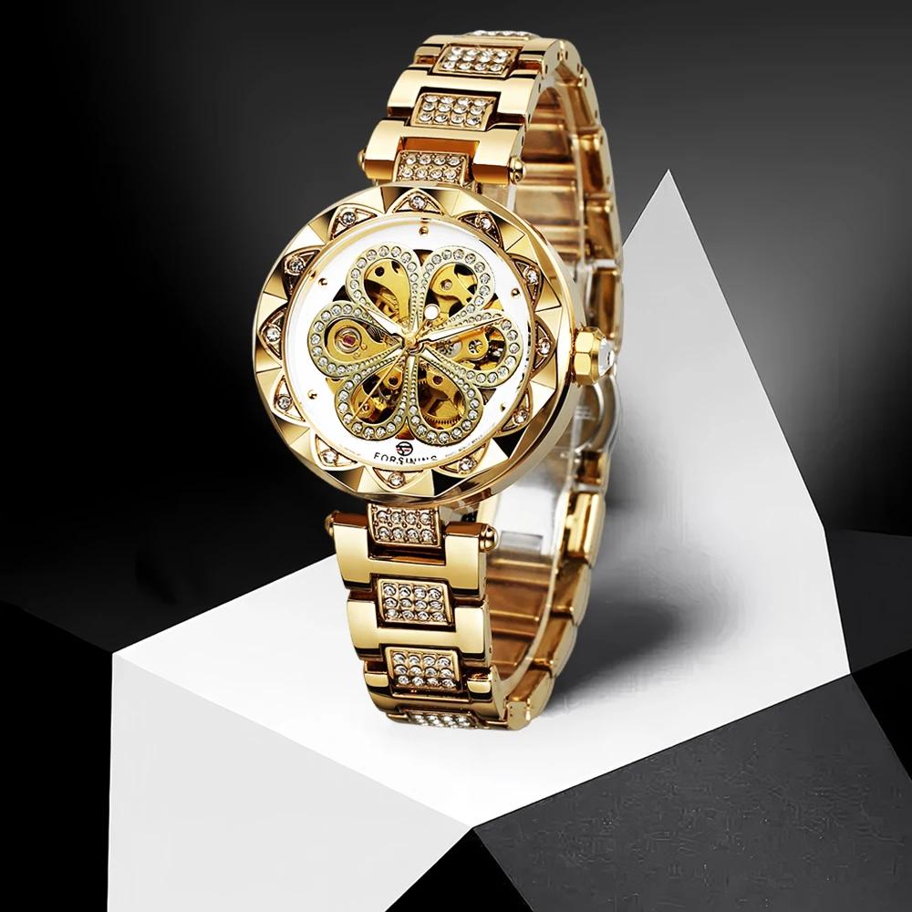 FORSINING レトロ女性自動機械式時計スケルトンラインストーン発光ポインターステンレス鋼スタイリッシュな女性腕時計
