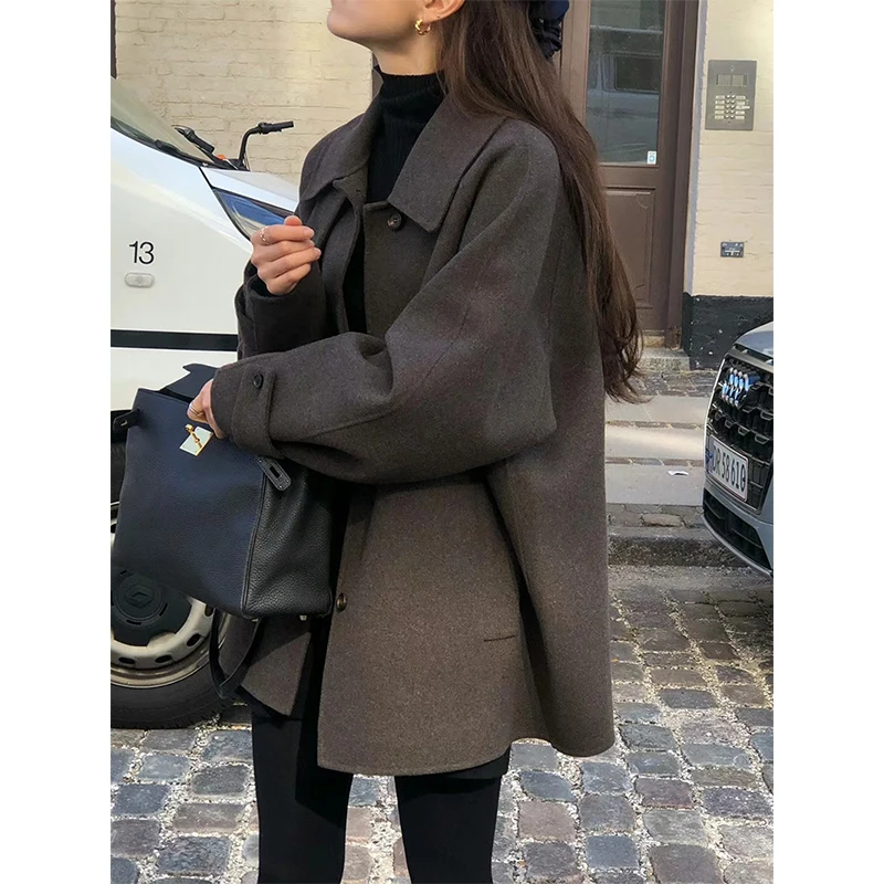 MEXZT Wool Blends Coats Women Vintage Woolen Jackets Streetwear Korean Commute Outerwear Winter Ladies Elegant Chic Overcoat New