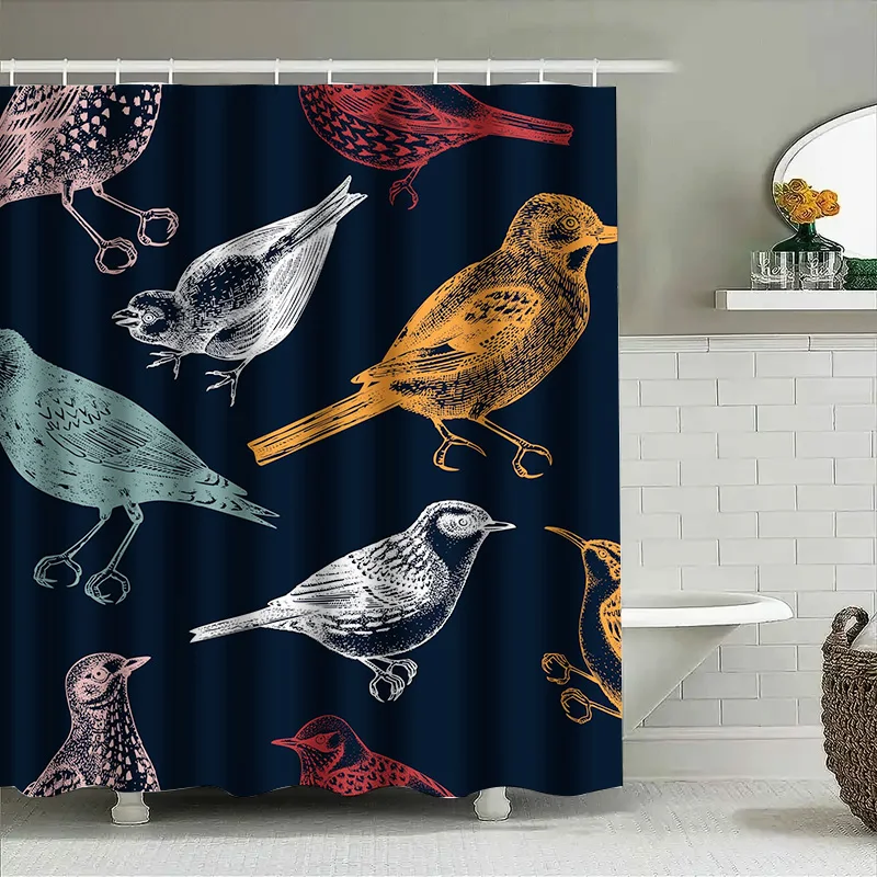 

Vintage Birds Shower Curtain with Non-Slip Backing for Bathroom Decor Printed Waterproof Fabric, Various Colors Available (Navy)