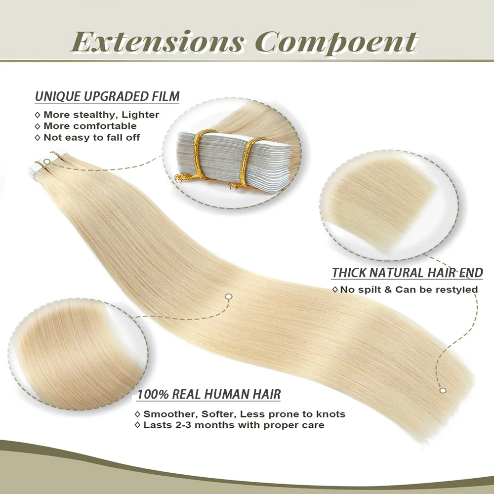 Tape In Human Hair Extension Blonde #613 Straight Real Human Hair Tape In Extensions 16-26 Inch For Woman Skin Weft Adhesives