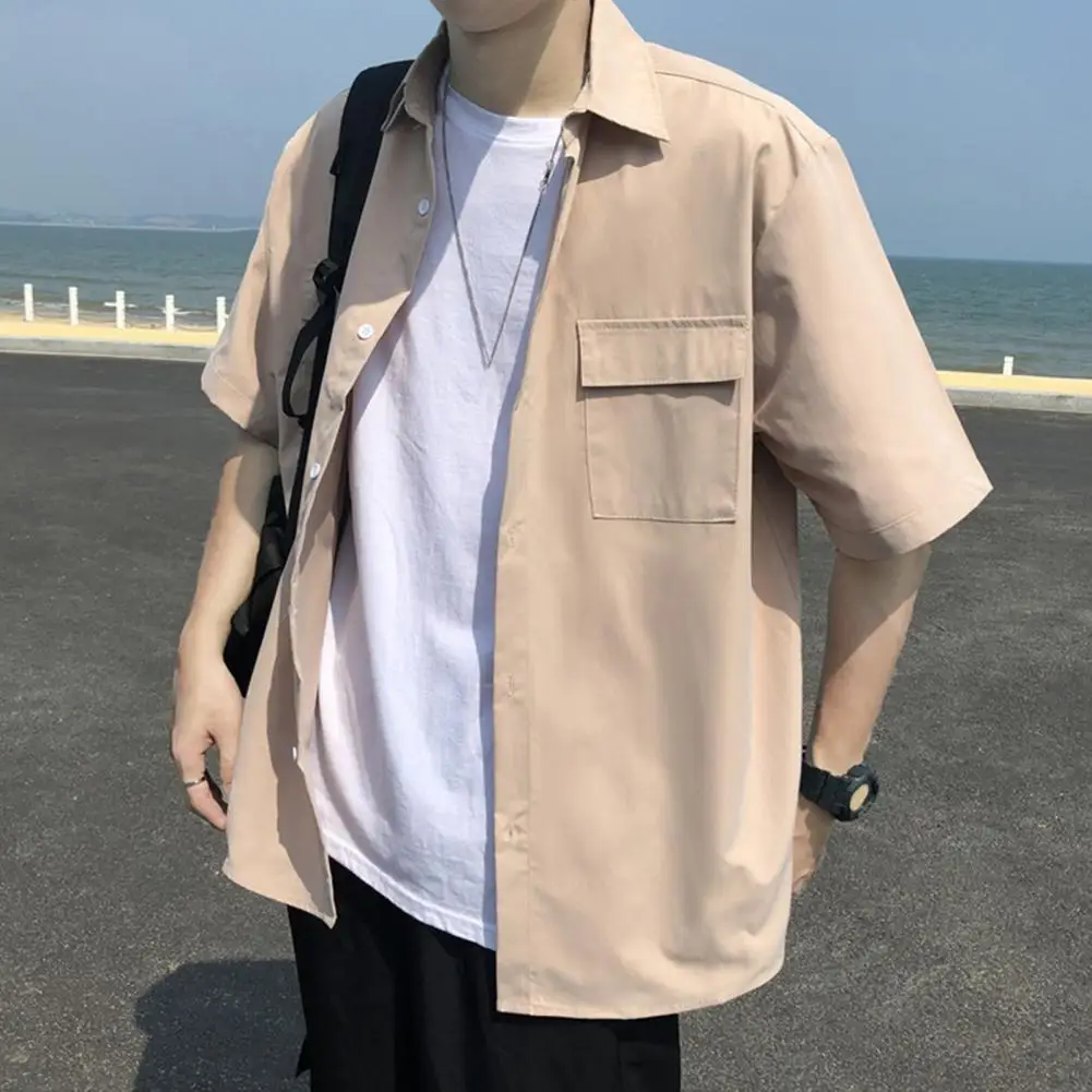 Lapel Short Sleeve Shirt Men's Loose Fit Cargo Shirt Stylish Streetwear for Summer Spring for Office Commute Basic Solid Color