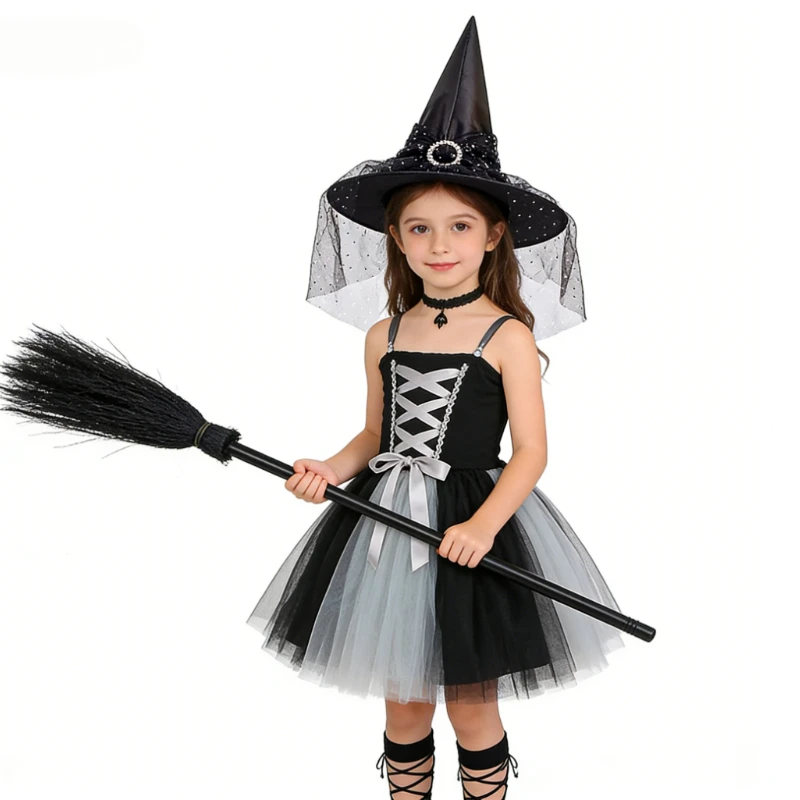 

Gray Black Witch Halloween Costumes for Girls Evil Queen Dress Up Tutus Kids Long Cosplay Dresses Tulle Outfit with Hat Broom