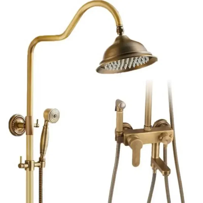 Conjunto de torneira de chuveiro de latão antigo com torneira misturadora de alça dupla de chuva de 8 polegadas com bico giratório para banheira e prateleira elegante e