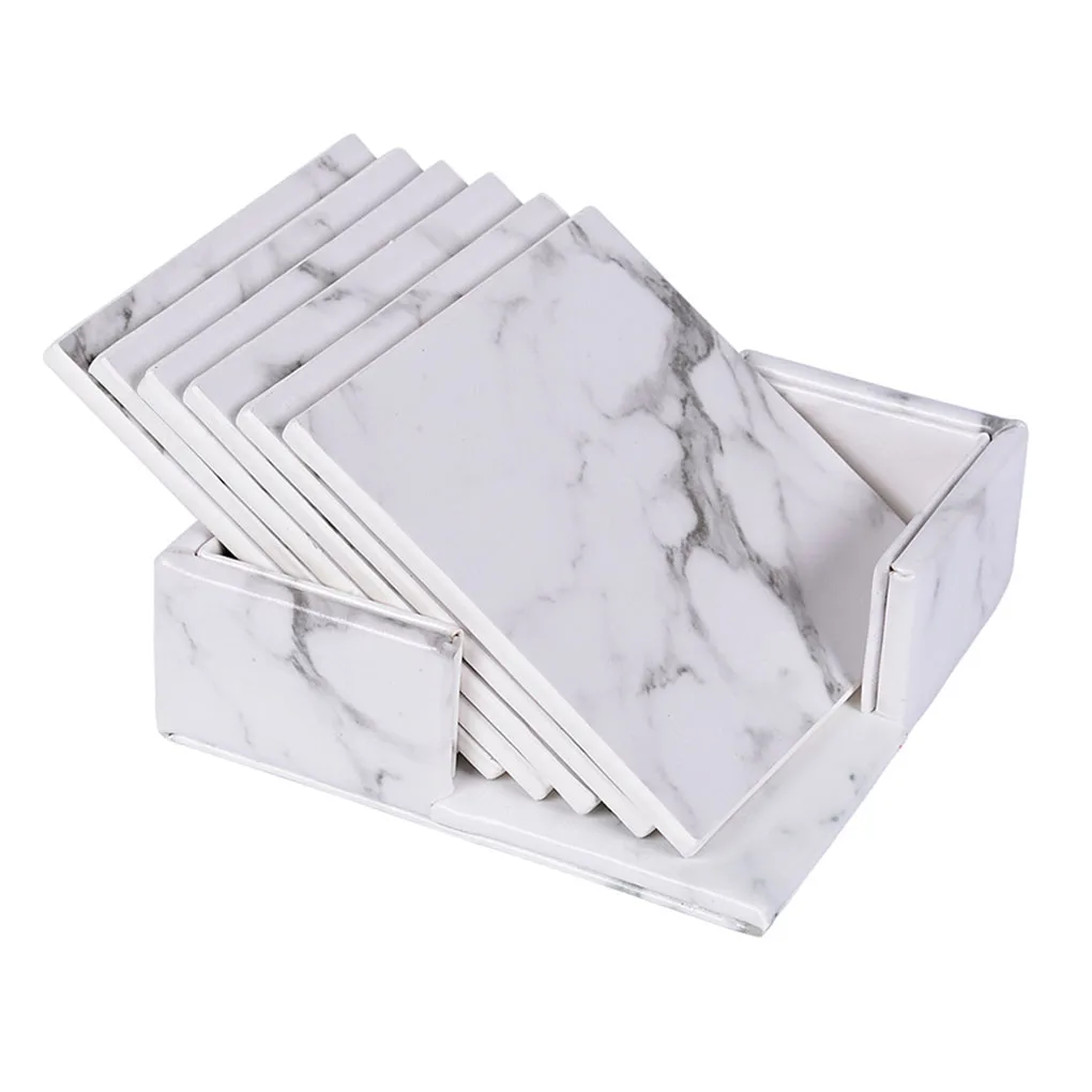 

PU Leather Square Coaster Drink Coffee Cup Mat Tea Mug Pad Dining Table Placemat with Storage Box,Black