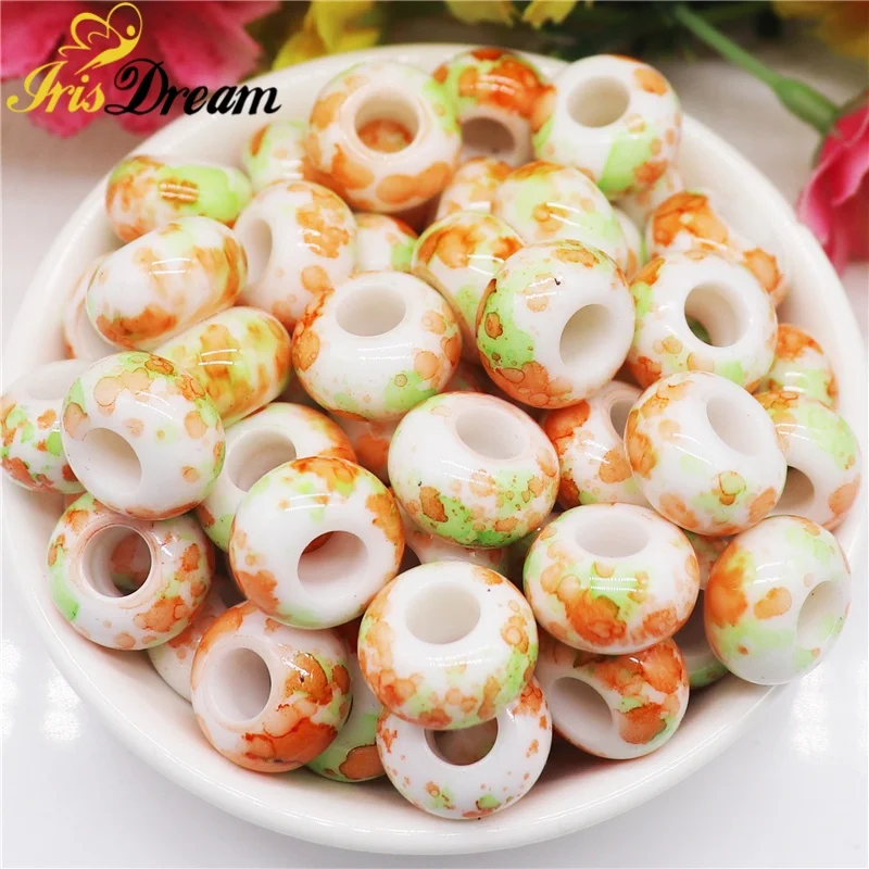 10Pcs Purple Color Flower Art 14x8mm Round Loose 5mm Big Hole European Beads Charms for Bracelet Hair Beads Garden Stakes Pen